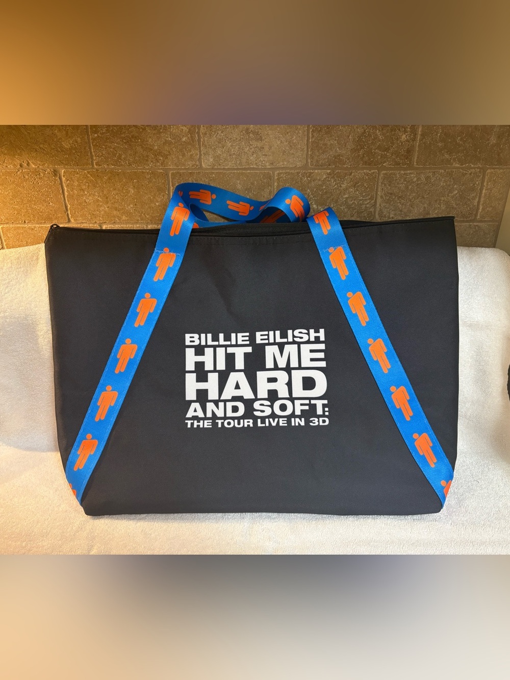 Black Graphic Tote Bag with Blue & Orange Strap - Concert Tour Design